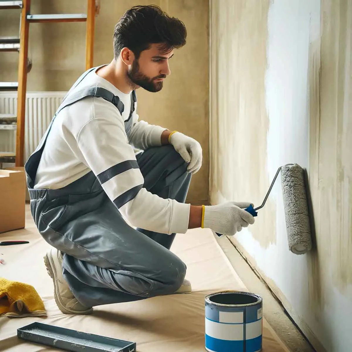 Photo of a worker applying damp proof paint to a wall.