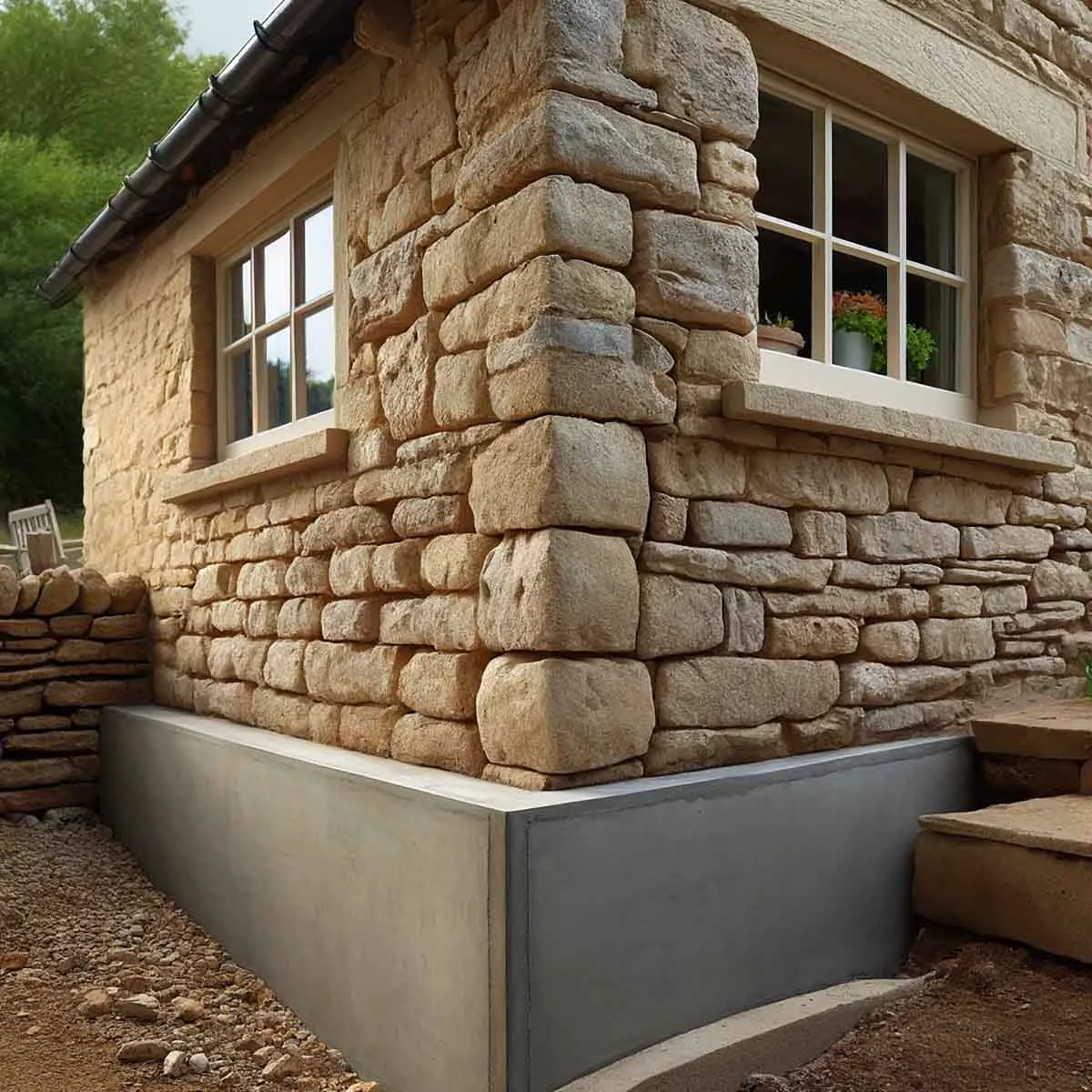 Illustration of a cottage with a damp proof course around the outside of the walls.