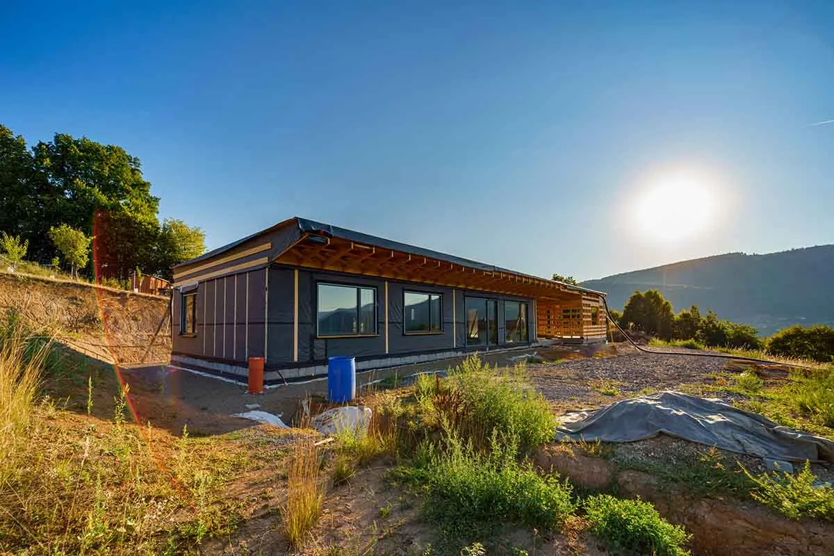 Photo of a UK eco home under construction.