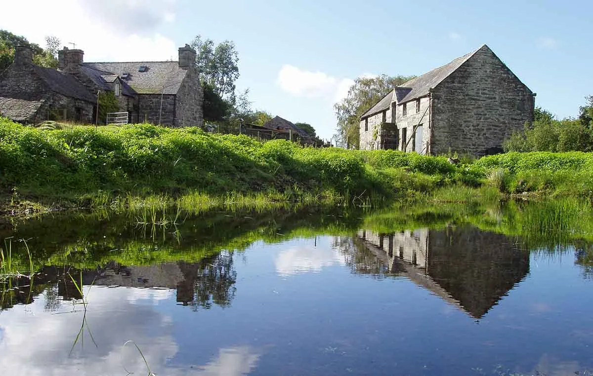 Photo showing a farm in Wales with some farm buildings.