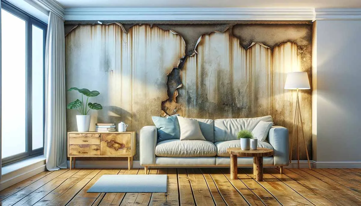 Photo showing rising damp on an internal wall in a house.